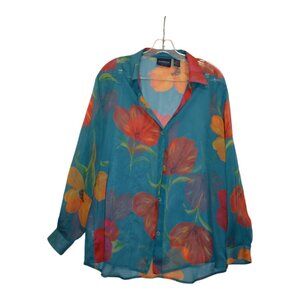 LIZ CLAIBORNE PETITE LIZSPORT Transparent Polyest Turquoise-Red-Orange Blouse PM